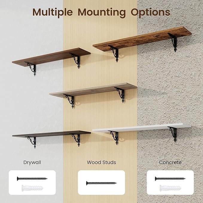 RICHFOCUS Floating Shelves for Wall Decor, 35.4W x 8D Shelves Set of 2, 8 Inch Deep Rustic Wood Shelves Wall Mounted with Brackets, Long Floating Shelves for Living Room Bedroom Kitchen, Black