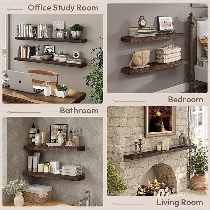 Marsmiles 36 inch Floating Shelves for Wall Elm Wood Live Edge Shelves|Rustic Wall Shelves with Invisible Heavy-Duty Bracket for Bathroom Living Room Kitchen|Walnut, 2 Pack