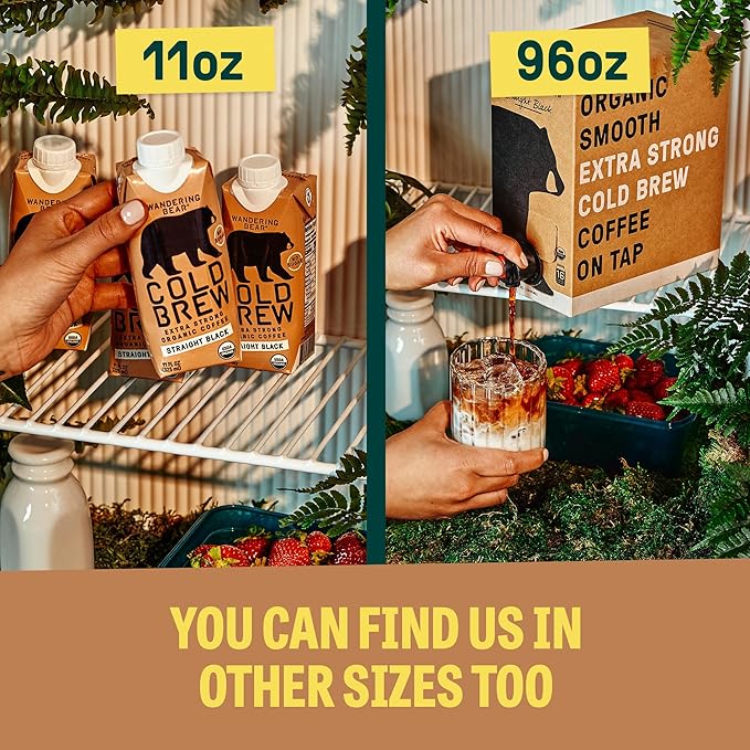 Wandering Bear Decaf Cold Brew Coffee - Bold, Smooth, No Sugar Added, Shelf-Stable, Ready to Drink, Gluten Free & Vegan Decaf Iced Cold Brewed Coffee Drink - 32 fl oz, 6 pack