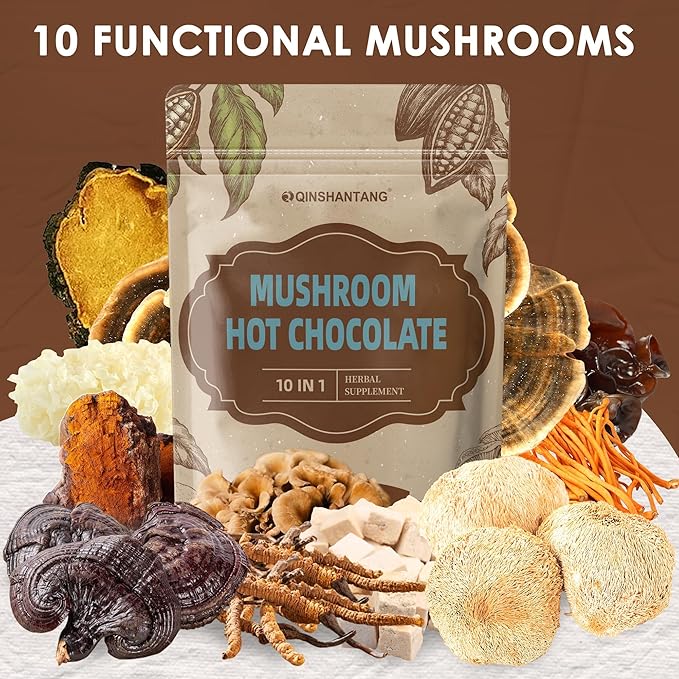 Mushroom Hot Chocolate Mix, Cacao Powder, 10 Mushrooms | Lion's Mane, Reishi, Chaga, L-Theanine | Coffee Alternative for Calm Sleep, Mood Enhancement, Sugar Free, 8.5 Oz