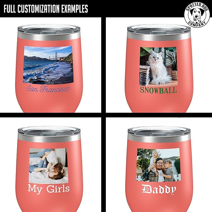 Personalized Mothers Day 12oz Photo Printed Insulated Stainless Steel Powder Coated Stemless Wine Tumbler with Lid, Customized Mom Gift Idea For Her, Custom Mum Team Mom Dad (Coral)
