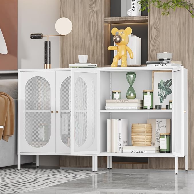 2 Door Accent Cabinet,Metal Storage Cabinet with Adjustable Shelf,Buffet Sideboard for Bed Room,Living Room,Entryway,Hallway,Home,Hotel,Office,Garage,Kitchen,1 Removable Shelf. (Mesh Door, White)