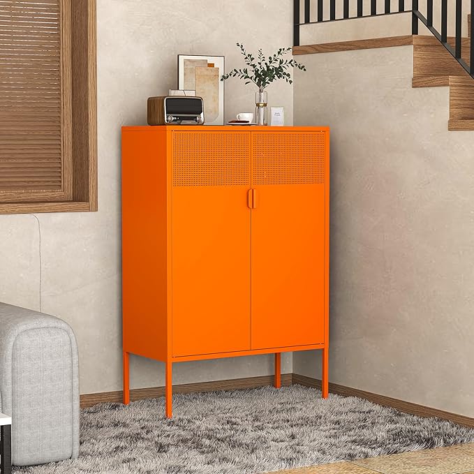 Orange Metal Storage Cabinet,2 Door TV Stand, Metal Mesh Accent Cabinet,Magnetic Door Closure,Low Storage Cabinets with Doors and Shelf for Home,Office,Living Room