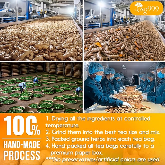 TOG999, 20 Tea Bags of Ginger, Turmeric and Cinnamon, 100% Natural, Hand-made Blend of Ginger, Turmeric, Cinnamon, Orange Peel, Black Pepper, Hawthorn Berry and Jasmine. No Sugar, No Caffeine, No Gluten, Vegan.