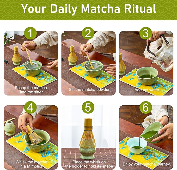 Matcha Whisk Set 8Pcs – BeSoothe Premium Japanese Tea Ceremony Kit, 8 Pcs with Spout Bowl, Bamboo Whisk & Holder, Scoop, Sifter, Tea Towel – Magnetic Gift Box for Matcha Lovers