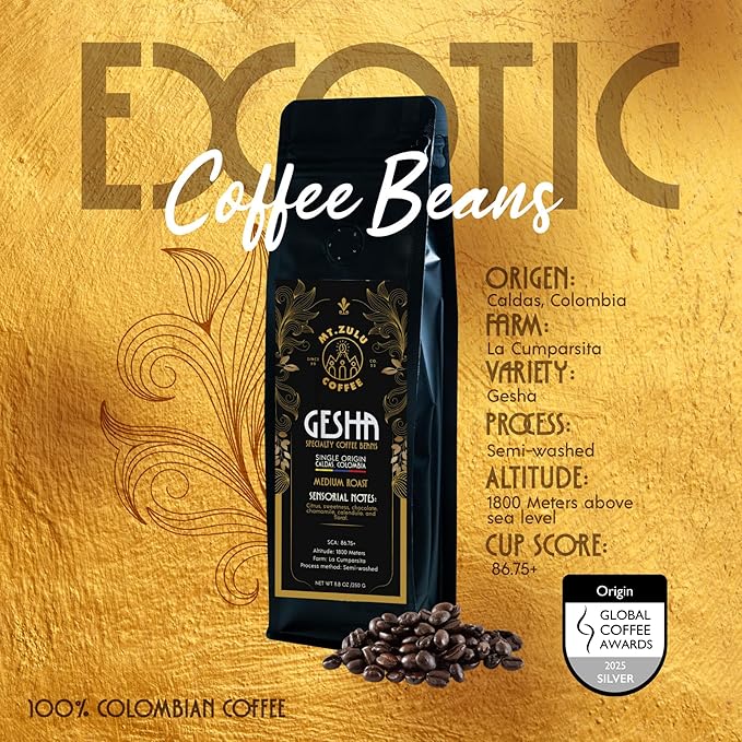 Mt. Zulu Gesha/Geisha Semi-Washed (Honey Process) – Exotic Colombian Specialty Coffee Beans (86.75 SCA), Medium Roast, Chamomile, Calendula & Chocolate Notes, 8.8 oz Bag