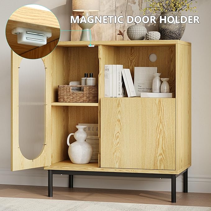 Sideboard Buffet Cabinet with Fluted Glass Doors and Adjustable Shelf, Wood Modern Accent Cabinet with Storage for Kitchen, Living Room, Entryway, Natural