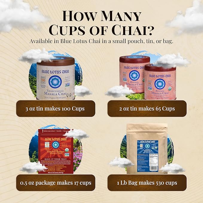 Blue Lotus Chai - Golden Rooibos Masala Chai - Makes 530 Cups - 1 Pound Bulk Bag Masala Spiced Chai Powder with Organic Spices - Instant Indian Tea No Steeping - No Gluten