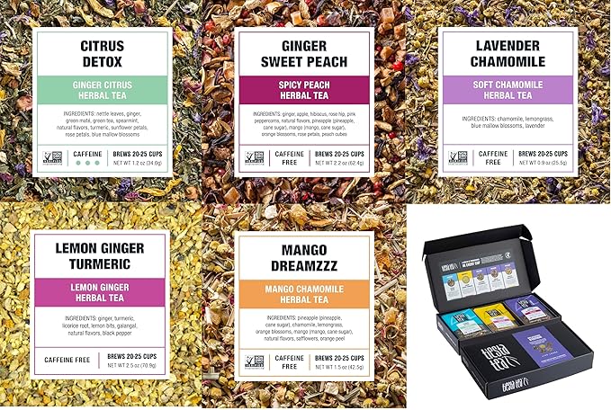 Tiesta Tea - Herbal Loose Leaf Tea Gift Box Set, Medium to Non-Caffeinated Assorted Blends, 5 Pouches of Hot & Iced Brews Variety Pack, Chamomile, Ginger, Citrus and Lavender Herbal