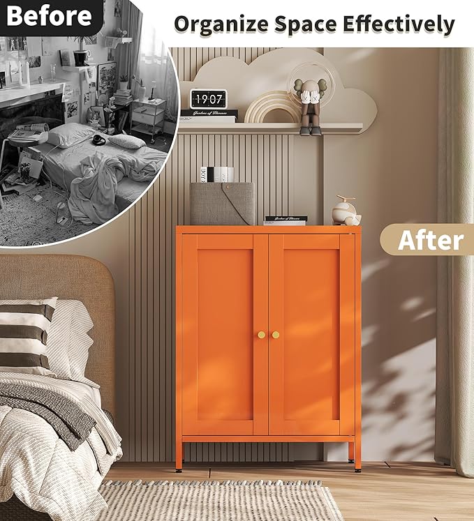 Orange Metal Storage Cabinet with 2 Doors - 31.5''H Bathroom Floor Storage Cabinet, 3 Tier Locker with Adjustable Shelves,Bathroom Cabinet for Office, Home, Living Room, Kitchen