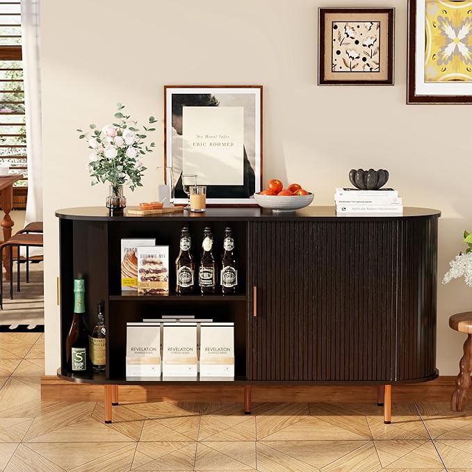 DHH Sideboard Buffet Cabinet with Storage,Mid Century Modern Fluted Accent Coffee Bar Console Table,Tambour Sliding Doors& Adjustable Shelf for Kitchen, Living Room, Entryway(Black, 55 Inch)