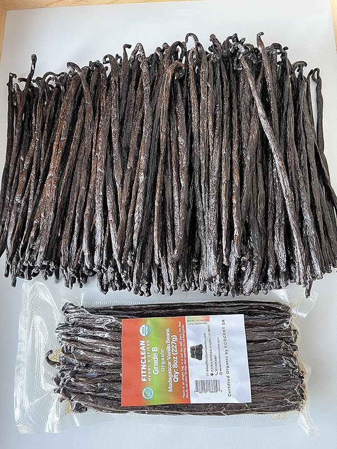 8oz Organic Madagascar Vanilla Beans Grade B for Extract. Certified USDA Organic. 5"-7" by FITNCLEAN VANILLA for Paste and Baking (1/2 Lb) Whole NON-GMO Pods
