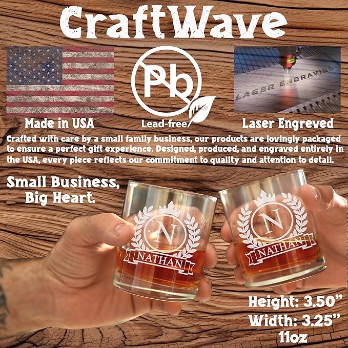 Personalized Whiskey Glass for Men, Custom Engraved Name & Initial Rocks Glasses, 11oz, Barware for Men, Father’s Day Gifts - Set of 4