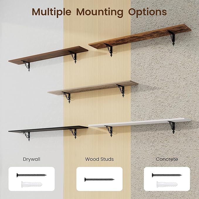 RICHFOCUS Floating Shelves for Wall Decor, 47.3W x 8D Shelves Set of 2, 8 Inch Deep Rustic Wood Shelves Wall Mounted with Brackets, Long Floating Shelves for Living Room Bedroom Kitchen, Walnut