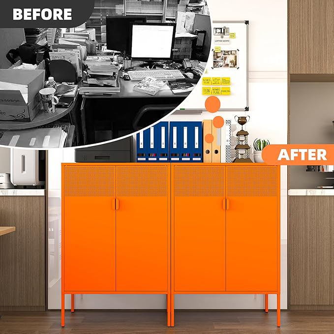 Orange Metal Storage Cabinet,2 Door TV Stand, Metal Mesh Accent Cabinet,Magnetic Door Closure,Low Storage Cabinets with Doors and Shelf for Home,Office,Living Room