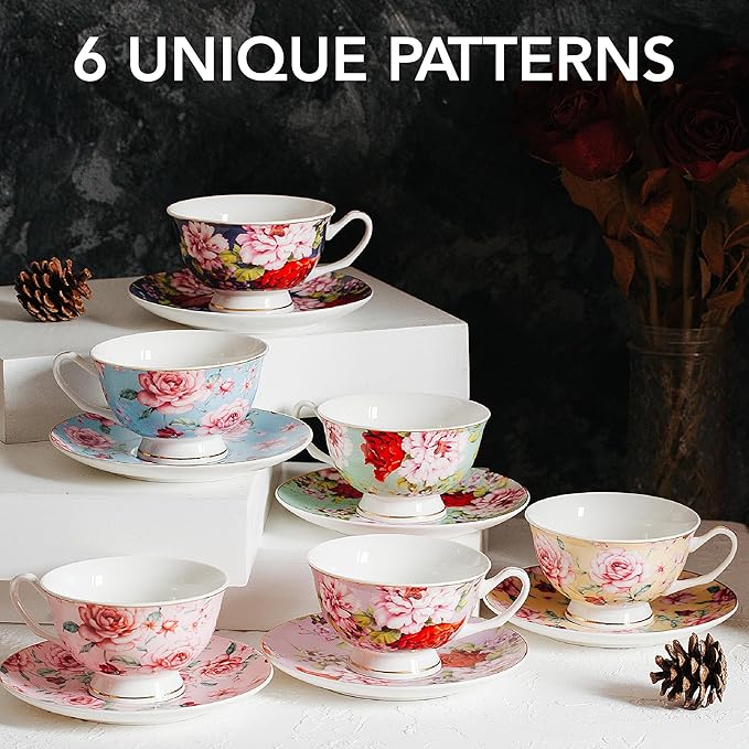 BTaT- Tea Cups and Saucers, Set of 6, 8 oz, Floral Design, Porcelain Tea Cup Sets, Dishwasher Safe
