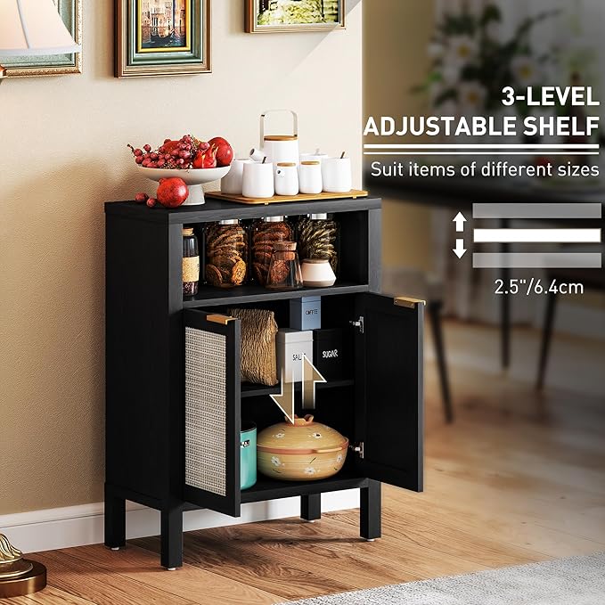 HOMCOM Rattan Sideboard Buffet Cabinet with Storage, Modern Accent Cabinet with 2 Doors and Adjustable Shelf, Freestanding Buffet Table for Entryway Living Room, Distressed Black