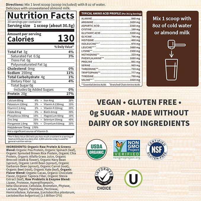 Garden of Life Raw Organic Protein & Greens, Chocolate Cacao, 1 lb 5.51 oz (610 g)