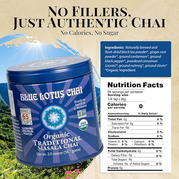 Blue Lotus Chai Tea - Fully Organic Traditional Masala Chai - Makes 65 Cups - 2 Ounce Masala Spiced Chai Powder with Organic Spices - Instant Indian Tea No Steeping - No Gluten