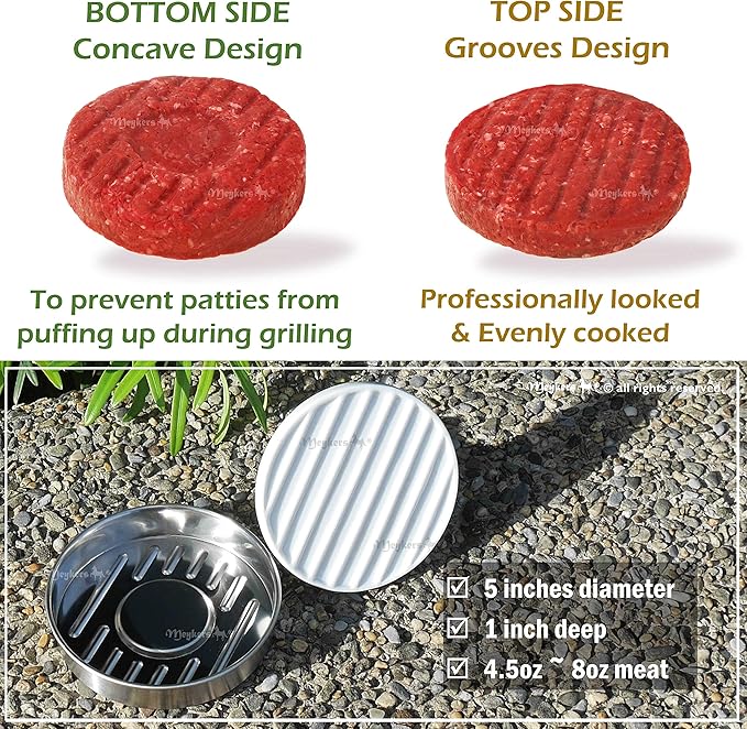 Meykers Burger Press 5" Hamburger Press Patty Maker | Patty Press Burger Mold Ring | with 100 Patty Papers | Porcelain Smasher Stainless Steel Shaper Smash for Meat Beyond Veggie Turkey Vegan Beef