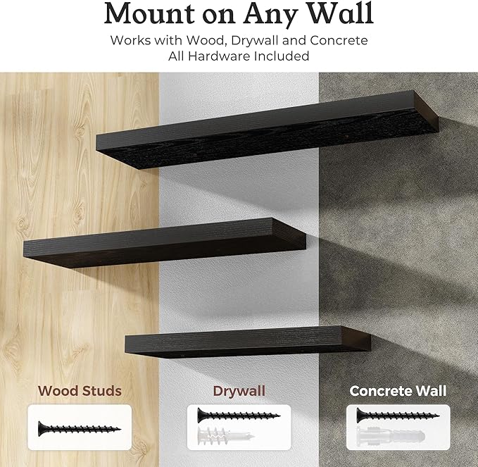 Floating Shelves for Wall, 9.3" Deep Wall Mounted Wood Shelves for Bathroom, Bedroom, Living Room, Kitchen, Hanging Shelf for Books/Storage/Room Decor (Black, 48")