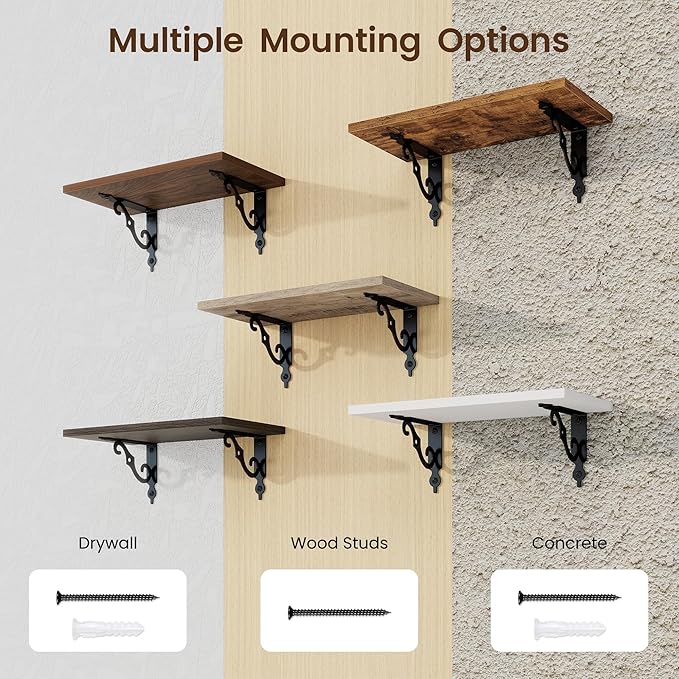 RICHFOCUS Floating Shelves for Wall Decor, 8 Inch Deep Shelves Set of 2, 16W x 8D Floating Shelves Wall Mounted with Metal Brackets, Rustic Wood Shelves for Living Room Bedroom Kitchen, White