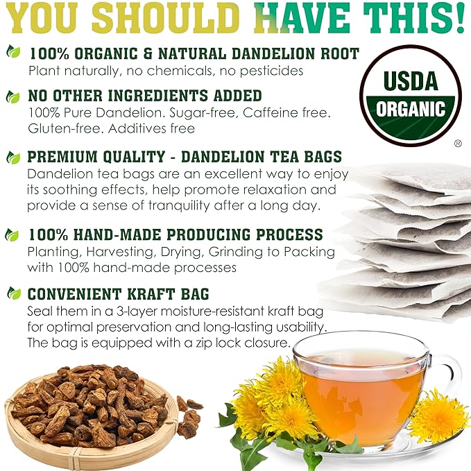 USDA Organic Dandelion Root Tea Bags , Roasted Coffee Substitute & Liver Kidney Cleanse Tea, Digestion & Bloating Relief Support, 100% Organic & Pure Dandelion Root, Non-GMO, Caffeine Free, 50 teabags Eco-Conscious Corn Fiber