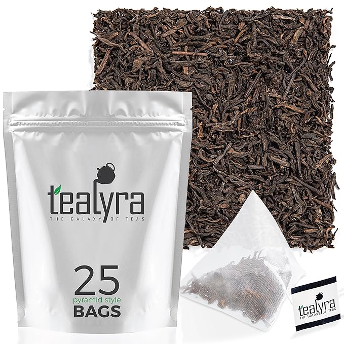 Tealyra - 5 Years Ripe Aged Pu'erh 25 Tea Bags - Bold Pu-erh Loose Leaf Tea - 100% Natural - 25 Pyramids Sachets