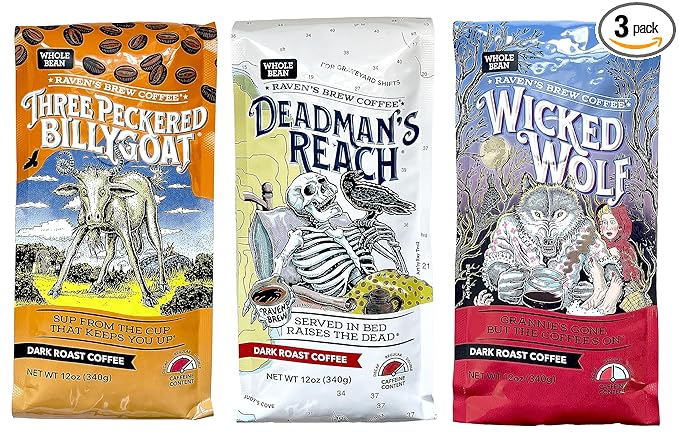 Raven's Brew Whole Bean Coffee Variety Pack - 3 Delicious Flavors - Wicked Wolf, Three Peckered Billy Goat and Deadman's Reach - 12 oz each