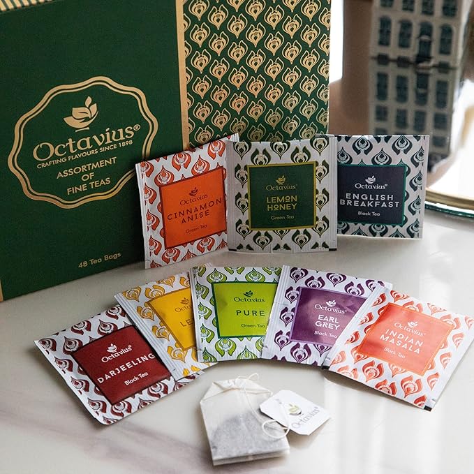 Octavius Tea Sampler Pack | 8 Assorted Black & Green Teas | 48 Teabags | Tea Sampler Variety Pack | Pack of 1