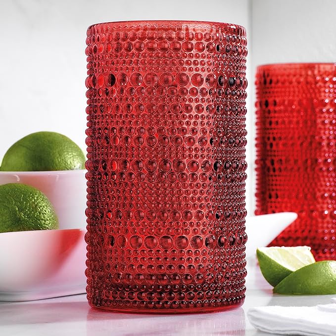 Glaver's Drinking Glasses Set of 4 Red Vintage Glassware. Christmas 15 Oz. Everyday and Holiday Dinner Beaded Drinking Glasses for Water, Juice, Cocktail.