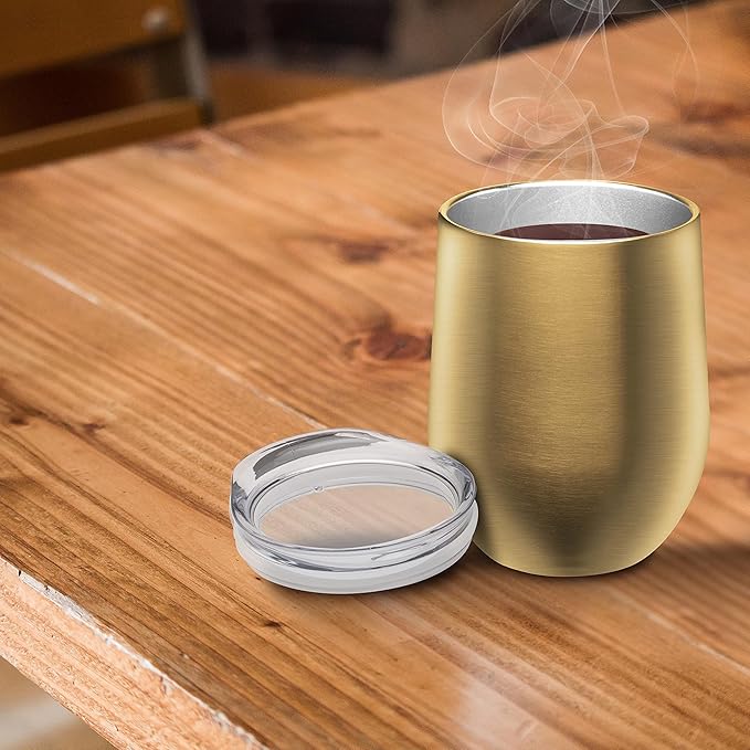 DISCOUNT PROMOS Stemless Wine Glass Tumblers with Lids by Largo 11 oz. Set of 6, Bulk Pack - Perfect for Wine, Cocktails, Other Hot & Cold Beverages - Gold