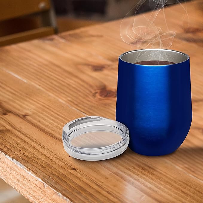 DISCOUNT PROMOS Stemless Wine Glass Tumblers with Lids by Largo 11 oz. Set of 6, Bulk Pack - Perfect for Wine, Cocktails, Other Hot & Cold Beverages - Blue