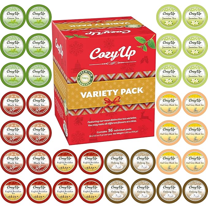 Cozy Up 36-Count 6 Flavors Variety Pack Tea for Keurig K-Cup Brewers, Including Green, Black, Jasmine, Earl Grey, English Breakfast, Oolong Tea