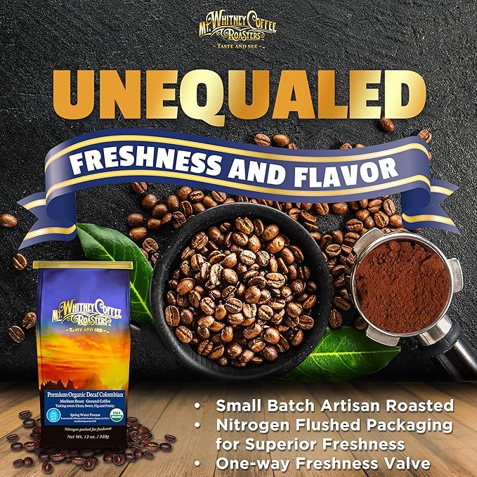 Mt. Whitney Premium Organic Spring Water Colombian, Medium Dark Roast, Low Acid, Decaf Coffee (Ground, 12 Oz)