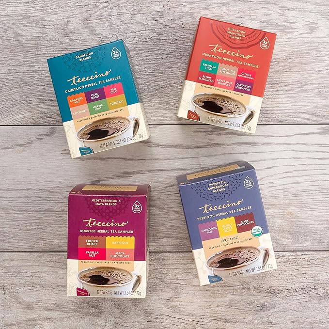 Teeccino Herbal Tea Gift Set - 48 Tea Bag Assortment in 4 Sampler Boxes with Decorative Gift Box - Prebiotic SuperBoost, Dandelion, Mushroom Adaptogen & Classic Herbal Tea Samplers, Caffeine Free