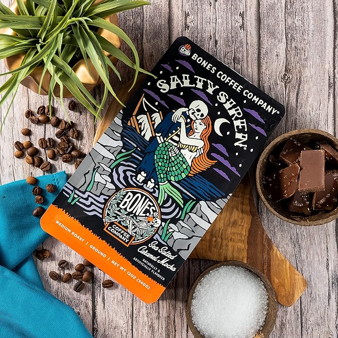 Bones Coffee Company Salty Siren, Sea Salted Caramel Chocolate Flavored Coffee, Medium Roast Low Acid Arabica Beans Compatible with Auto drip and French Press Coffee Maker, 12 Oz Whole Bean
