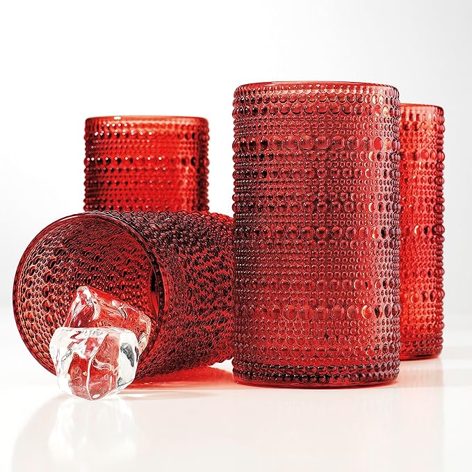 Glaver's Drinking Glasses Set of 4 Red Vintage Glassware. Christmas 15 Oz. Everyday and Holiday Dinner Beaded Drinking Glasses for Water, Juice, Cocktail.