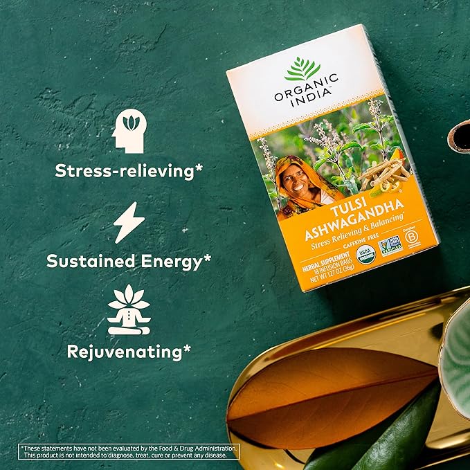 ORGANIC INDIA Calming Tulsi Ashwagandha Tea - Organic Tea Bags, Holy Basil, Vegan, USDA Certified Organic, Non-GMO, Caffeine Free - 18 Infusion Bags, 6 Pack
