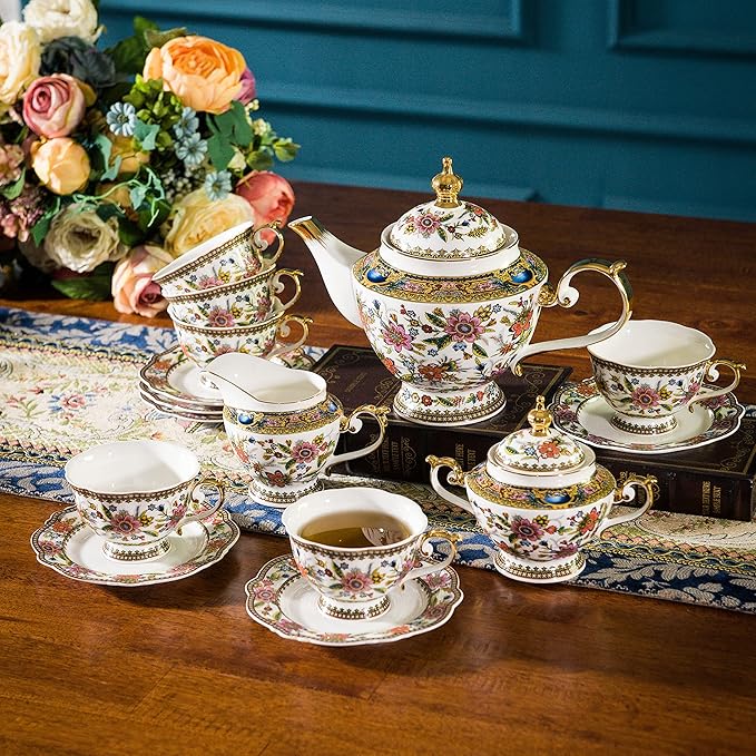 ACMLIFE Bone China Tea Cup and Saucer Set for 1, Vintage Floral Tea Cup with Saucer, Spoon and Gift Box, 6.8 oz (Pink-A)