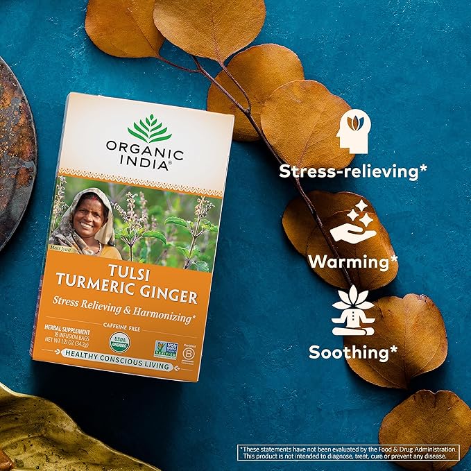 ORGANIC INDIA Tulsi Tumeric Ginger Herbal Tea - Stress Relieving & Harmonizing, Immune Support, Aids Digestion, Vegan, Caffeine-Free - 54 Infusion Bags, 3 Pack