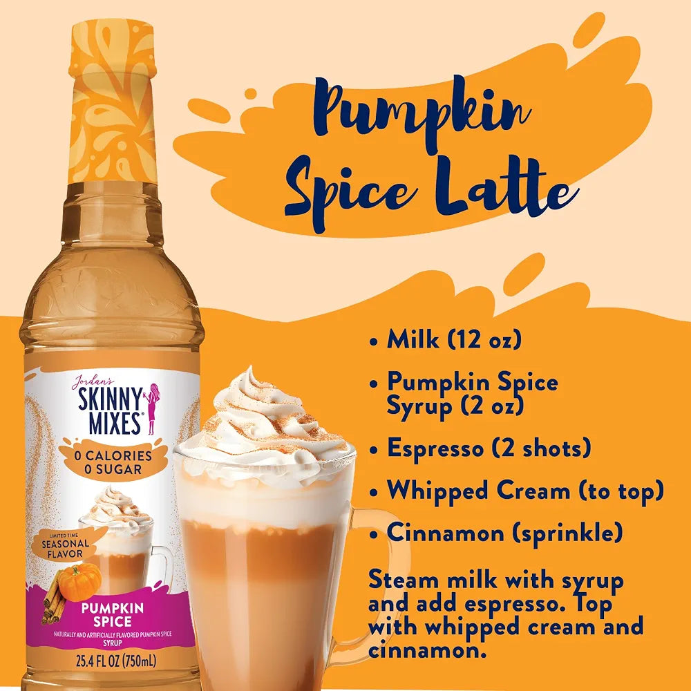 Jordan's Skinny Mixes Pumpkin Spice Coffee Syrup, 25.4 fl oz
0 calories, 0g sugar, 0g carbs per serving, Keto-friendly and kosher, Mixes into hot or iced lattes, cocktails, and baking