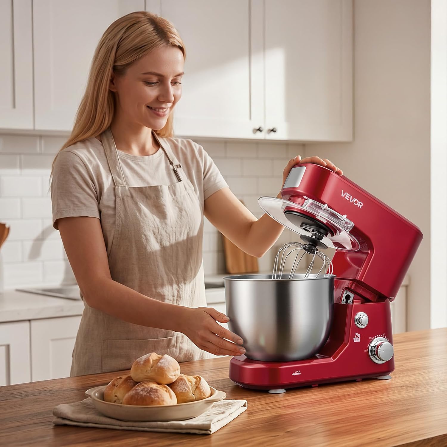 VEVOR 5.3+4.2 Qt Tilt Head Stand Mixer 400W Electric Dough Mixer, 3 Speeds Food Kitchen Mixer with Stainless Steel Bowl, Splash Guard, Dough Hook, Whisk, Beater, for Baking Mixing Whipping
Product Images and Videos (AI Generated Alt Text)