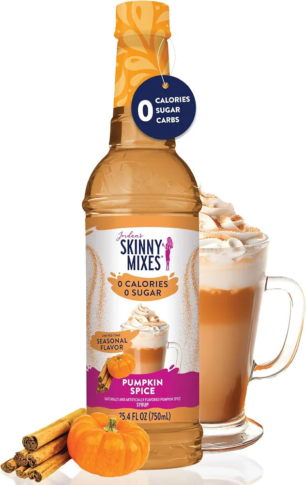 Jordan's Skinny Mixes Pumpkin Spice Coffee Syrup, 25.4 fl oz
0 calories, 0g sugar, 0g carbs per serving, Keto-friendly and kosher, Mixes into hot or iced lattes, cocktails, and baking