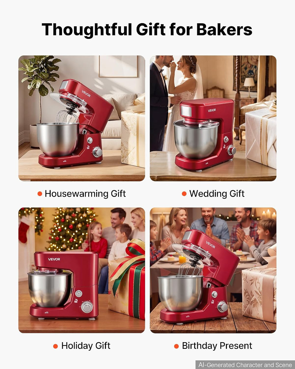 VEVOR 5.3+4.2 Qt Tilt Head Stand Mixer 400W Electric Dough Mixer, 3 Speeds Food Kitchen Mixer with Stainless Steel Bowl, Splash Guard, Dough Hook, Whisk, Beater, for Baking Mixing Whipping
Product Images and Videos (AI Generated Alt Text)