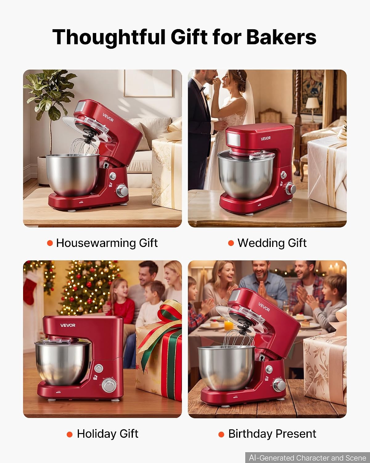 VEVOR 5.3+4.2 Qt Tilt Head Stand Mixer 400W Electric Dough Mixer, 3 Speeds Food Kitchen Mixer with Stainless Steel Bowl, Splash Guard, Dough Hook, Whisk, Beater, for Baking Mixing Whipping
Product Images and Videos (AI Generated Alt Text)