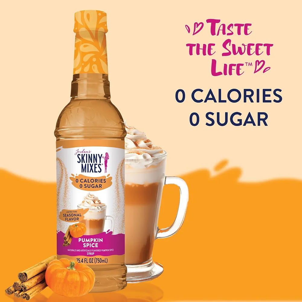 Jordan's Skinny Mixes Pumpkin Spice Coffee Syrup, 25.4 fl oz
0 calories, 0g sugar, 0g carbs per serving, Keto-friendly and kosher, Mixes into hot or iced lattes, cocktails, and baking