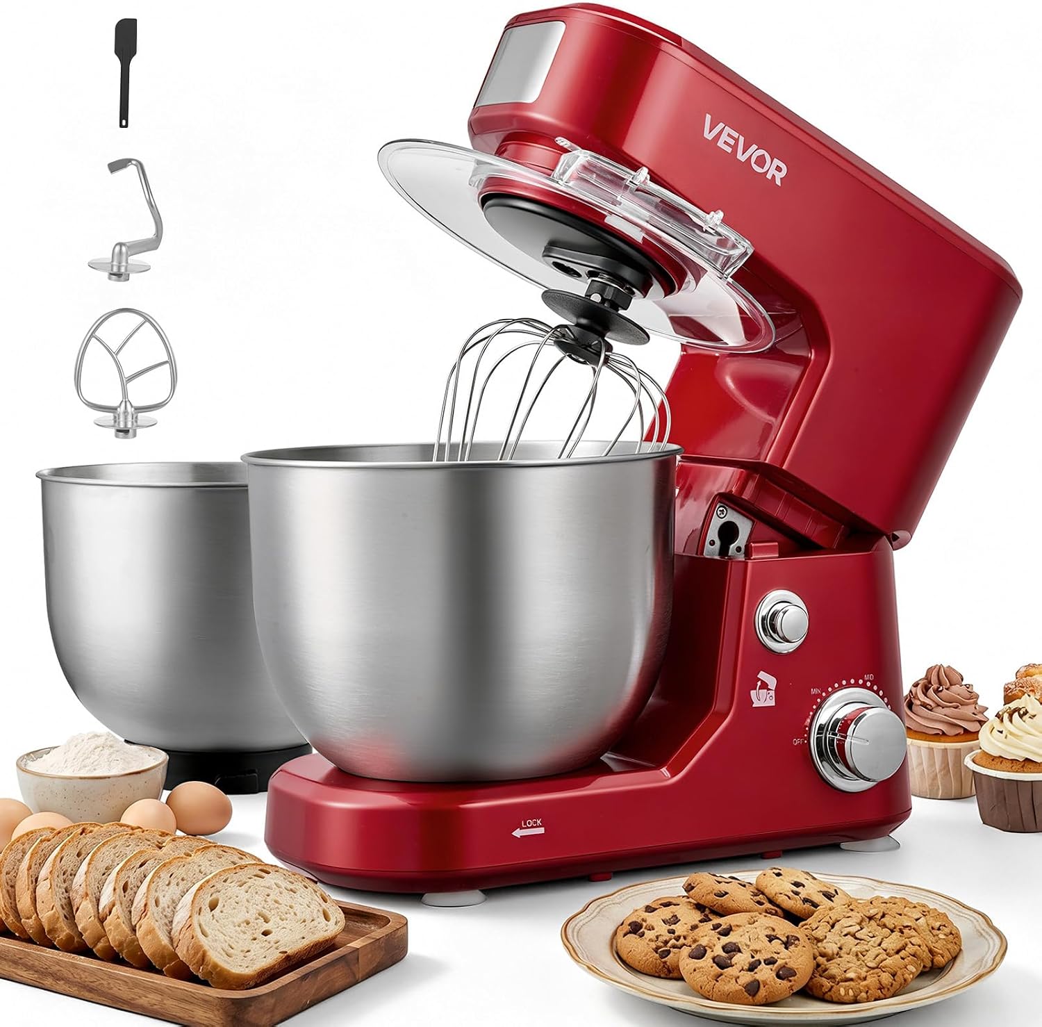VEVOR 5.3+4.2 Qt Tilt Head Stand Mixer 400W Electric Dough Mixer, 3 Speeds Food Kitchen Mixer with Stainless Steel Bowl, Splash Guard, Dough Hook, Whisk, Beater, for Baking Mixing Whipping
Product Images and Videos (AI Generated Alt Text)