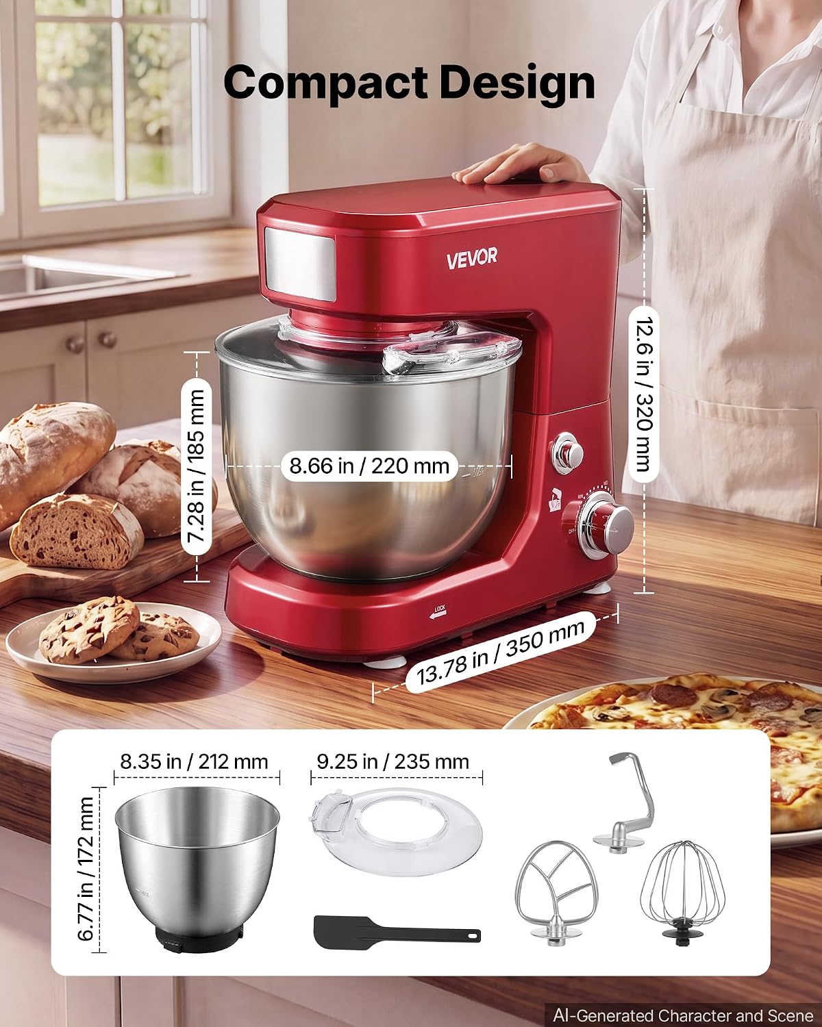 VEVOR 5.3+4.2 Qt Tilt Head Stand Mixer 400W Electric Dough Mixer, 3 Speeds Food Kitchen Mixer with Stainless Steel Bowl, Splash Guard, Dough Hook, Whisk, Beater, for Baking Mixing Whipping
Product Images and Videos (AI Generated Alt Text)