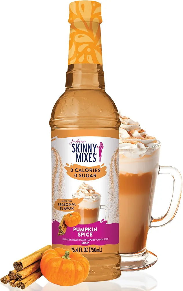 Jordan's Skinny Mixes Pumpkin Spice Coffee Syrup, 25.4 fl oz
0 calories, 0g sugar, 0g carbs per serving, Keto-friendly and kosher, Mixes into hot or iced lattes, cocktails, and baking